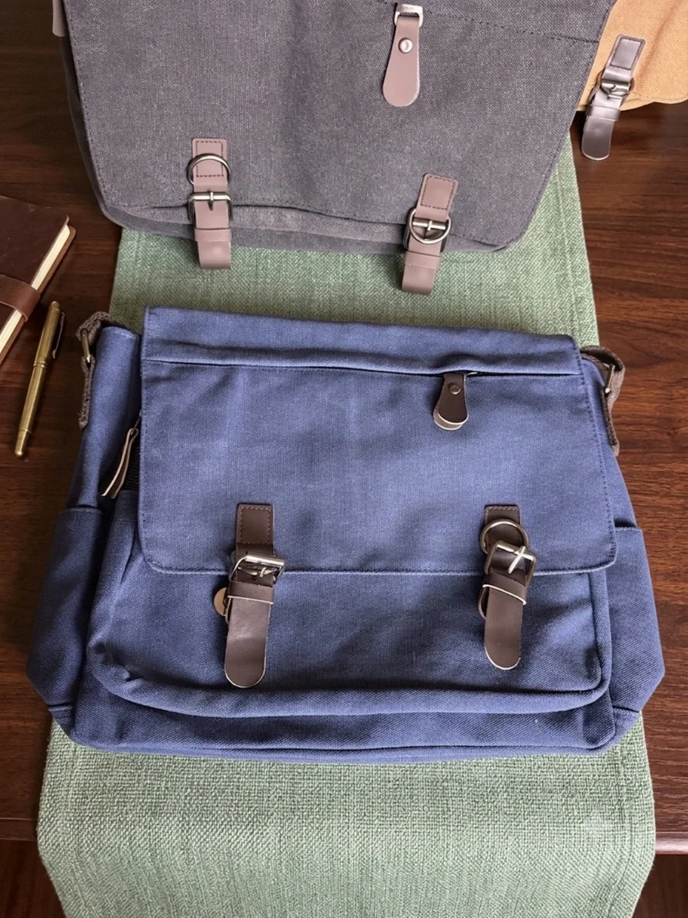 Classic Navy Canvas Messenger Bag with Brown Accents